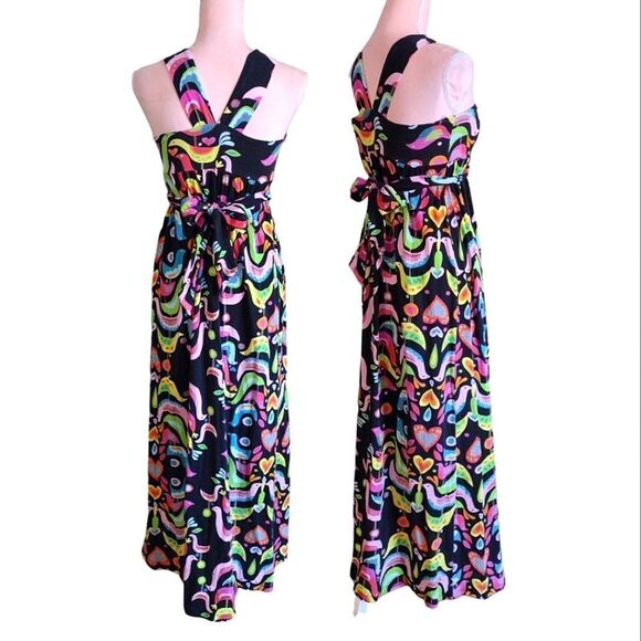 VTG 90s Black Colorful Birds Folk Art Print Sleeveless Halter Maxi Dress Small - Picture 14 of 17